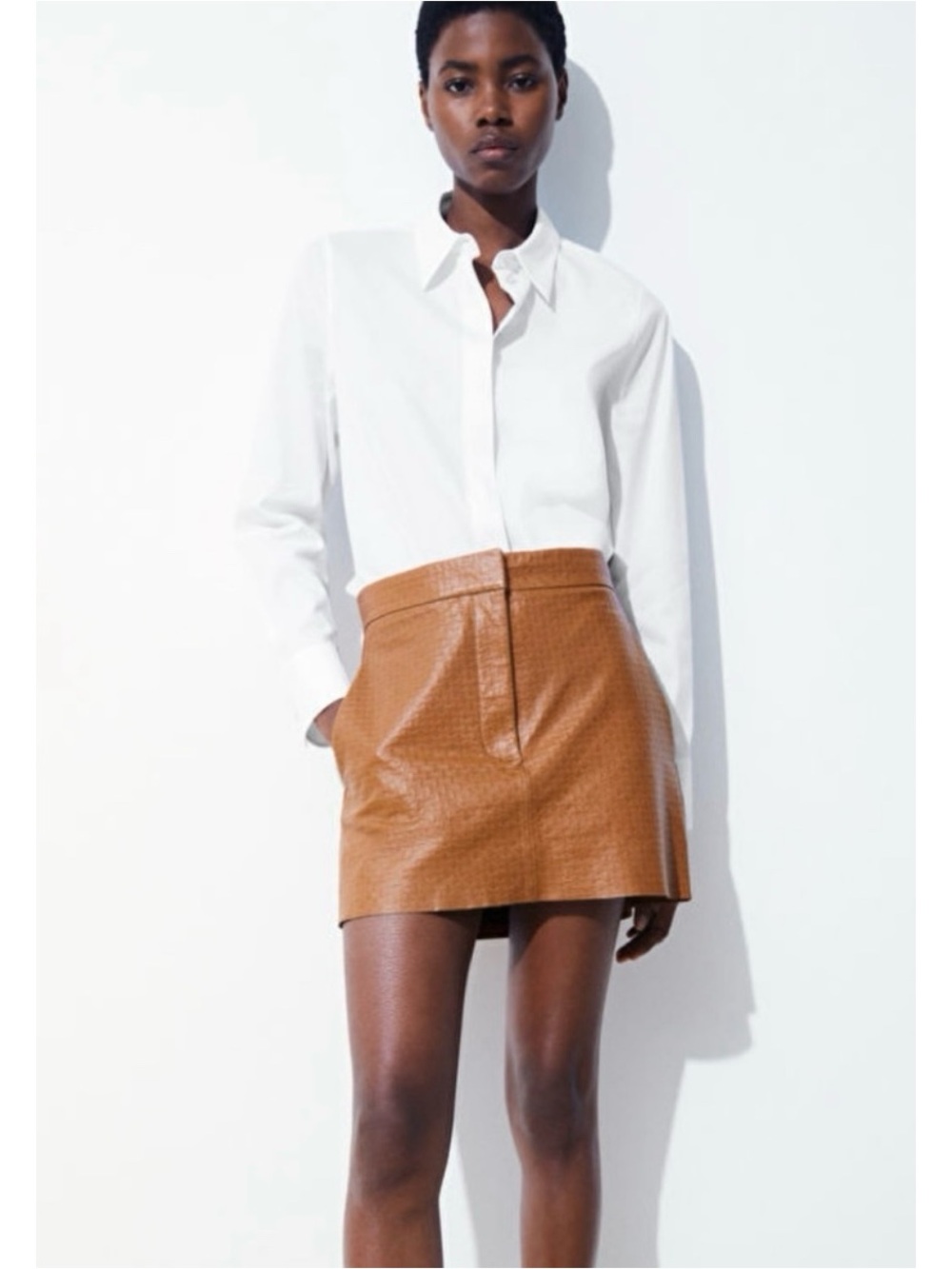 COS ATELIER Women’s THE EMBOSSED 100% LEATHER MINI SKIRT BROWN Size 10 Preppy